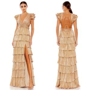 Mac Duggal Ruffle Tiered Criss Cross Lace Up Gown Maxi Dress 26740 Gold Size 6